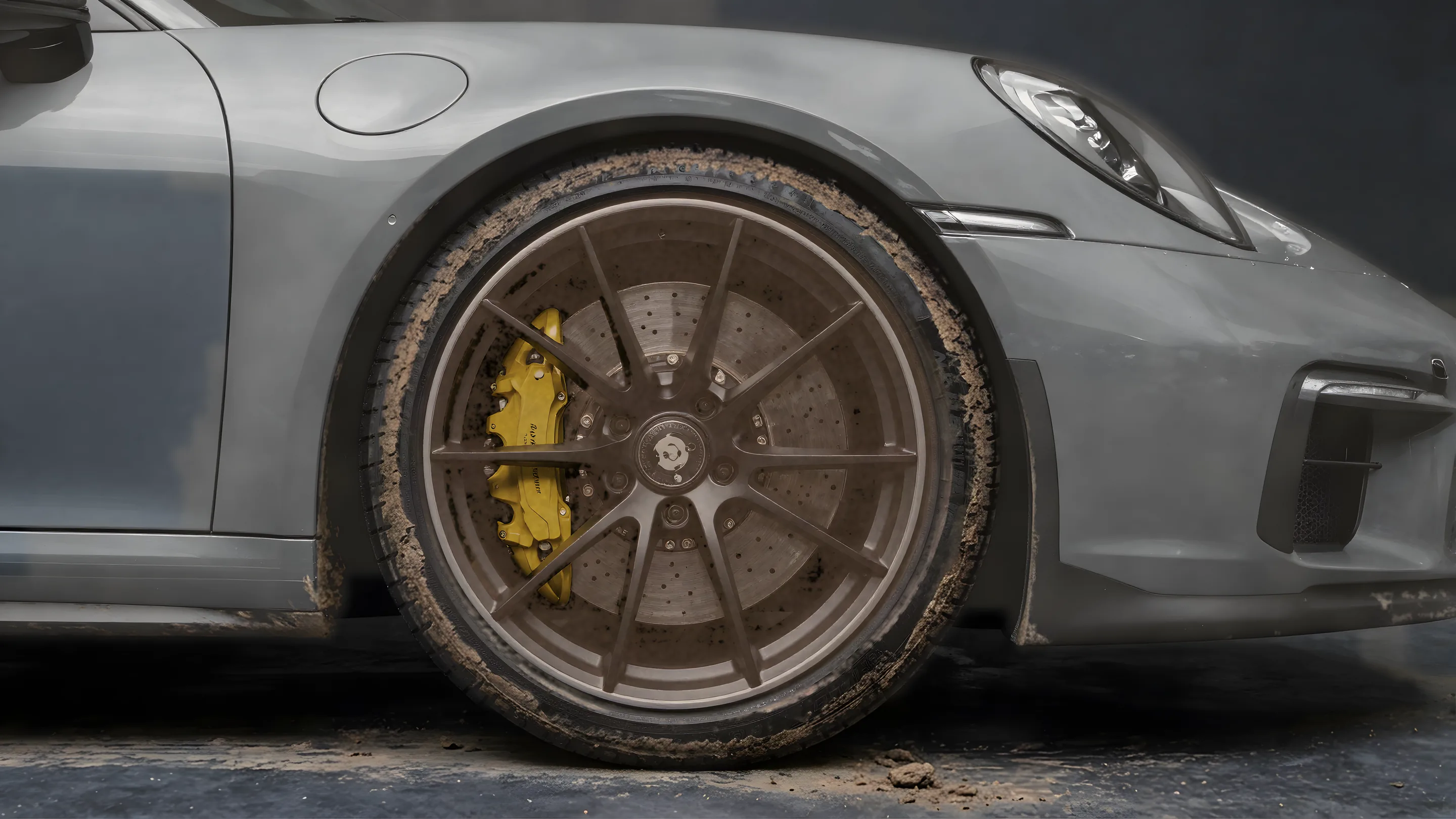 Velg met gele remklauw, vies